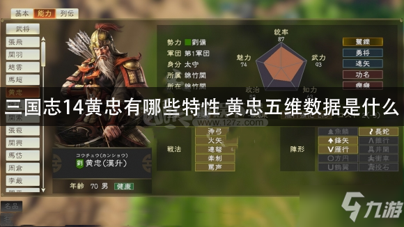 《三国志14》黄忠有哪些特性 黄忠五维数据介绍