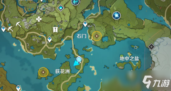 可以看到地图中有两处范围的任务区域,第三处在荻花洲神像的小屋