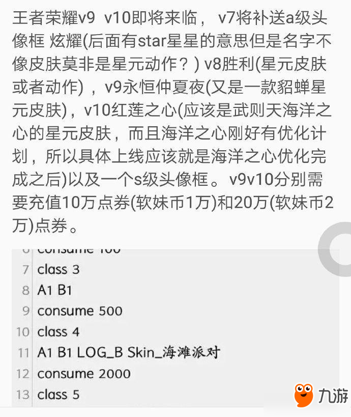 《王者荣耀》V9和V10即将上线 V7V8补皮肤和头框