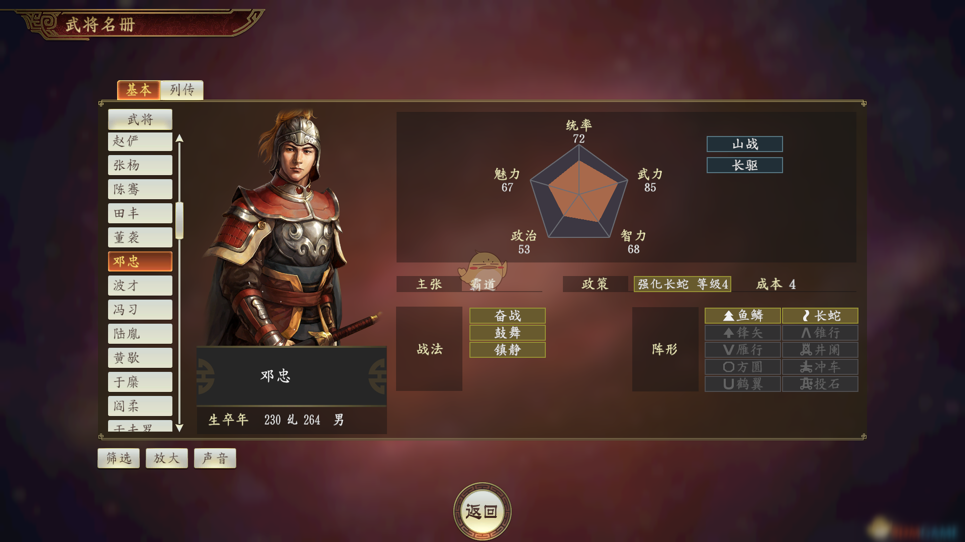 《三国志14》邓忠武将怎么样 邓忠武将点评