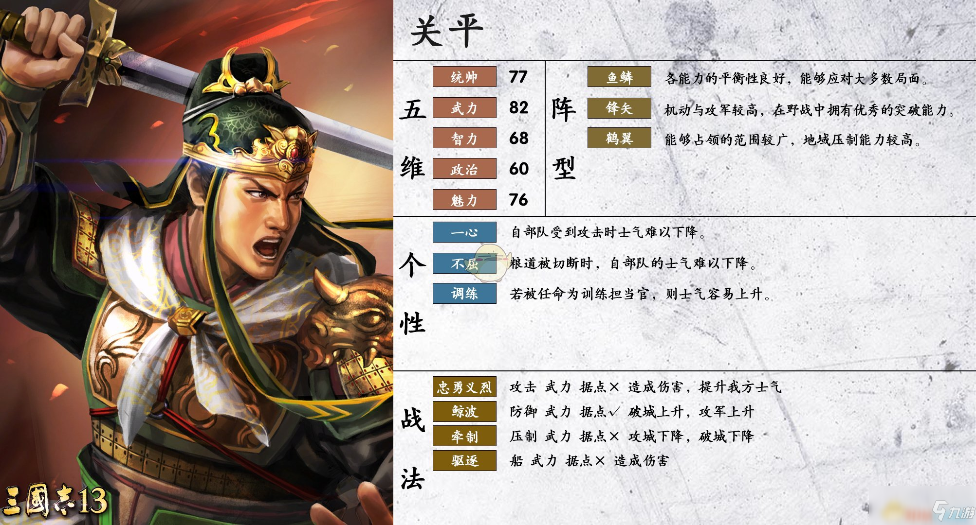 《三国志14》关平怎么样 关平属性资料图鉴