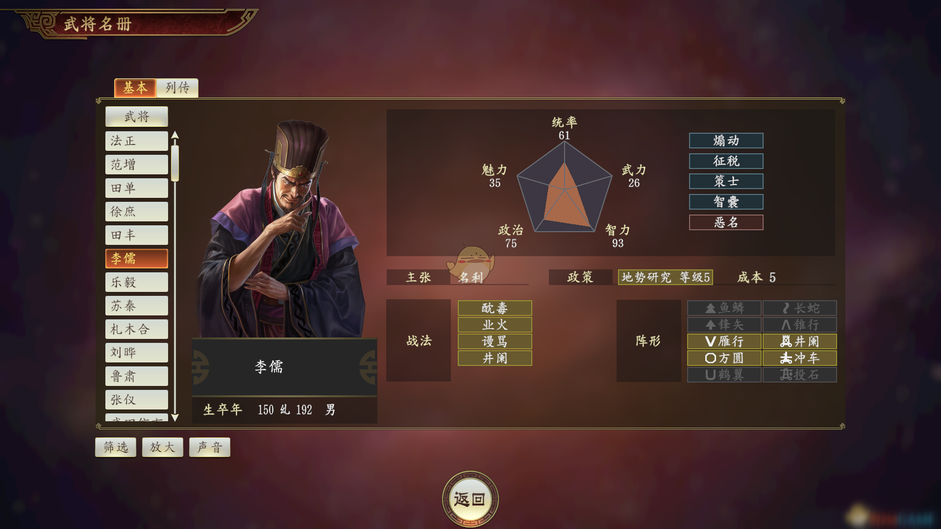 《三国志14》李儒武将怎么样 李儒武将点评