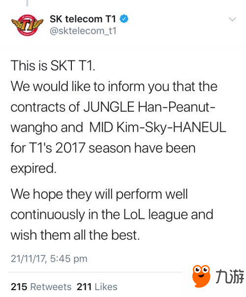 SKT官宣：打野选手Peanut合约到期离队