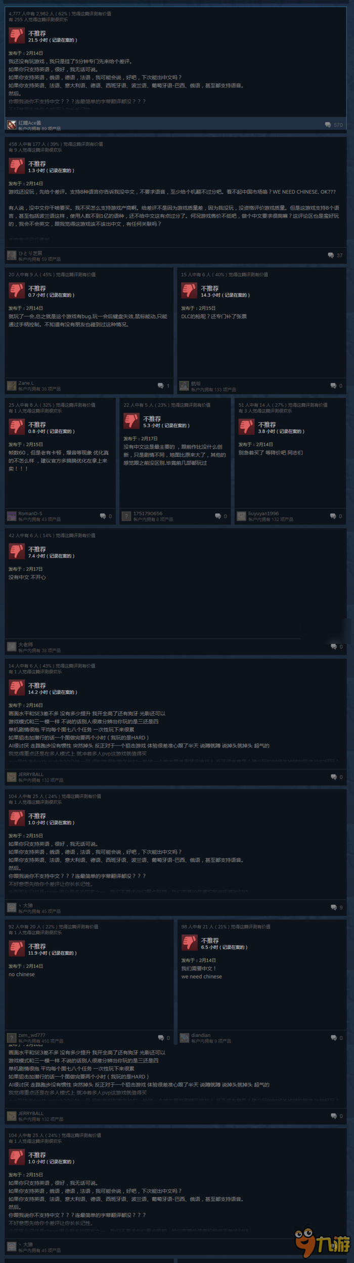 《狙击精英4》在Steam上收到了大量差评，原因是没有中文