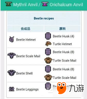 泰拉瑞亞甲蟲套怎么合成 泰拉瑞亞甲蟲套合成材料一覽