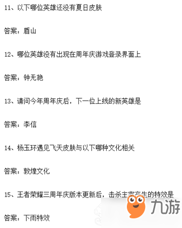 王者榮耀周年慶知識大賽題目答案大全