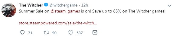 《巫师3》官推分享Steam夏季特惠：《巫师》仅售5元
