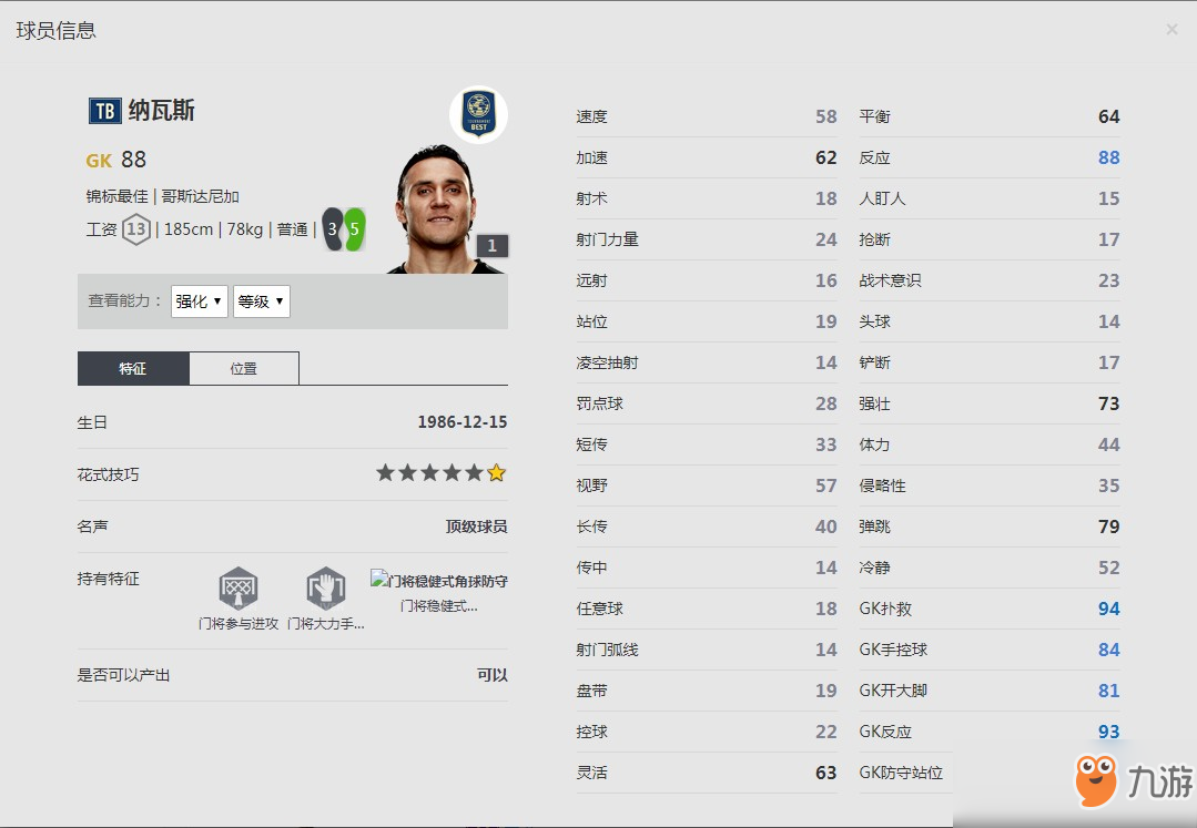 《FIFA online4》納瓦斯球員信息