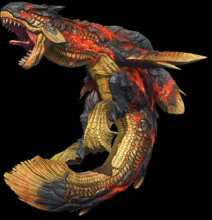 熔岩龙是一种生活在熔岩当中的鱼龙钟怪物,与泥鱼龙属性完全的相反,不