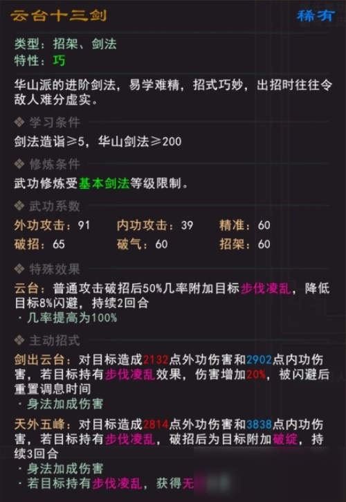 《我来自江湖》云台十三剑武学属性效果一览